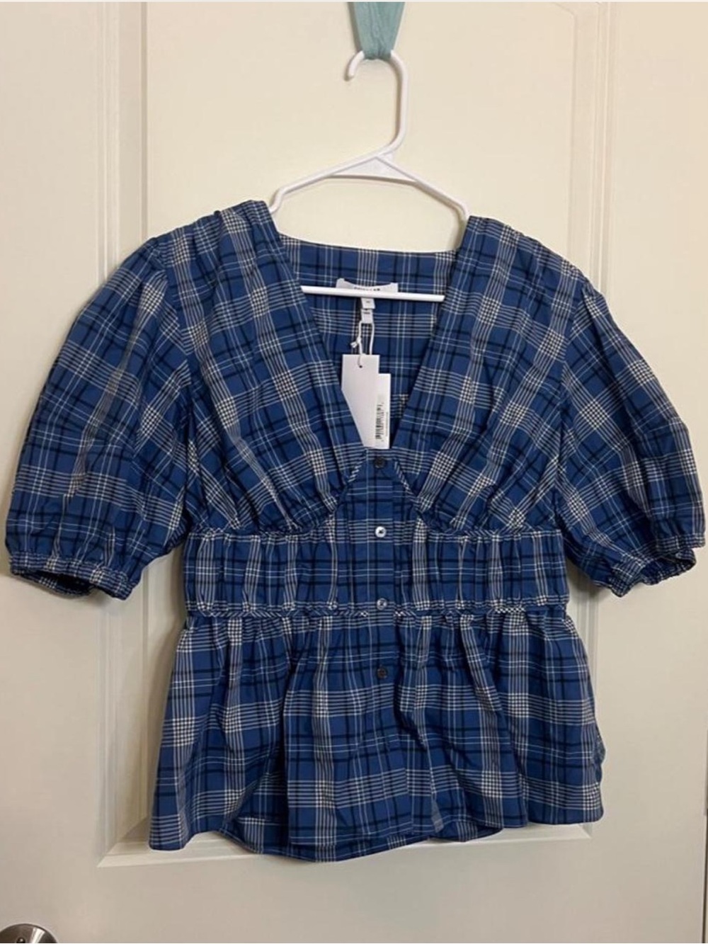 Derek Lam 10 Crosby Blue and White Plaid Button-Front Top